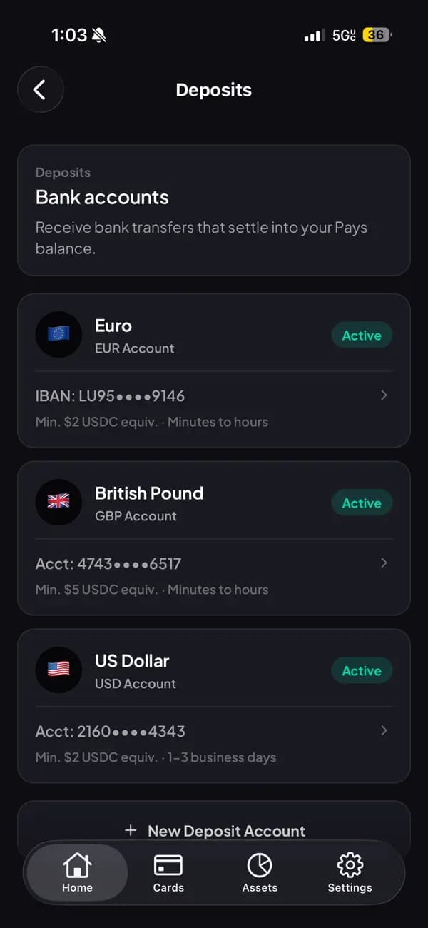 Pays deposits screen showing supported EUR, GBP, and USD bank accounts